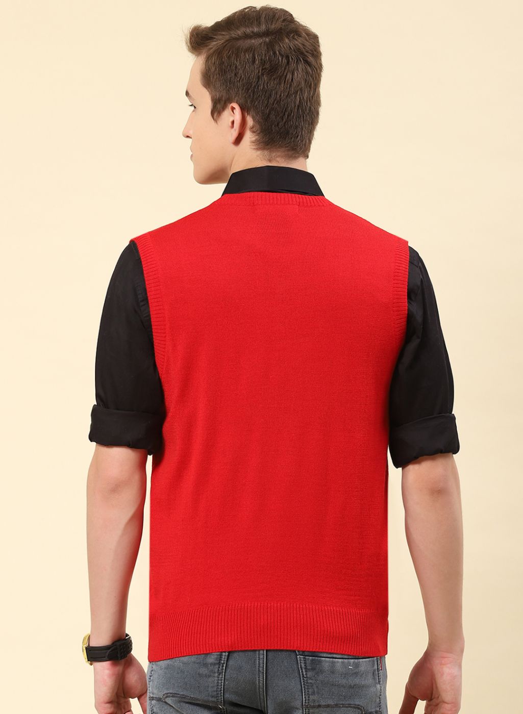 Men Red Solid Blend wool Sweater