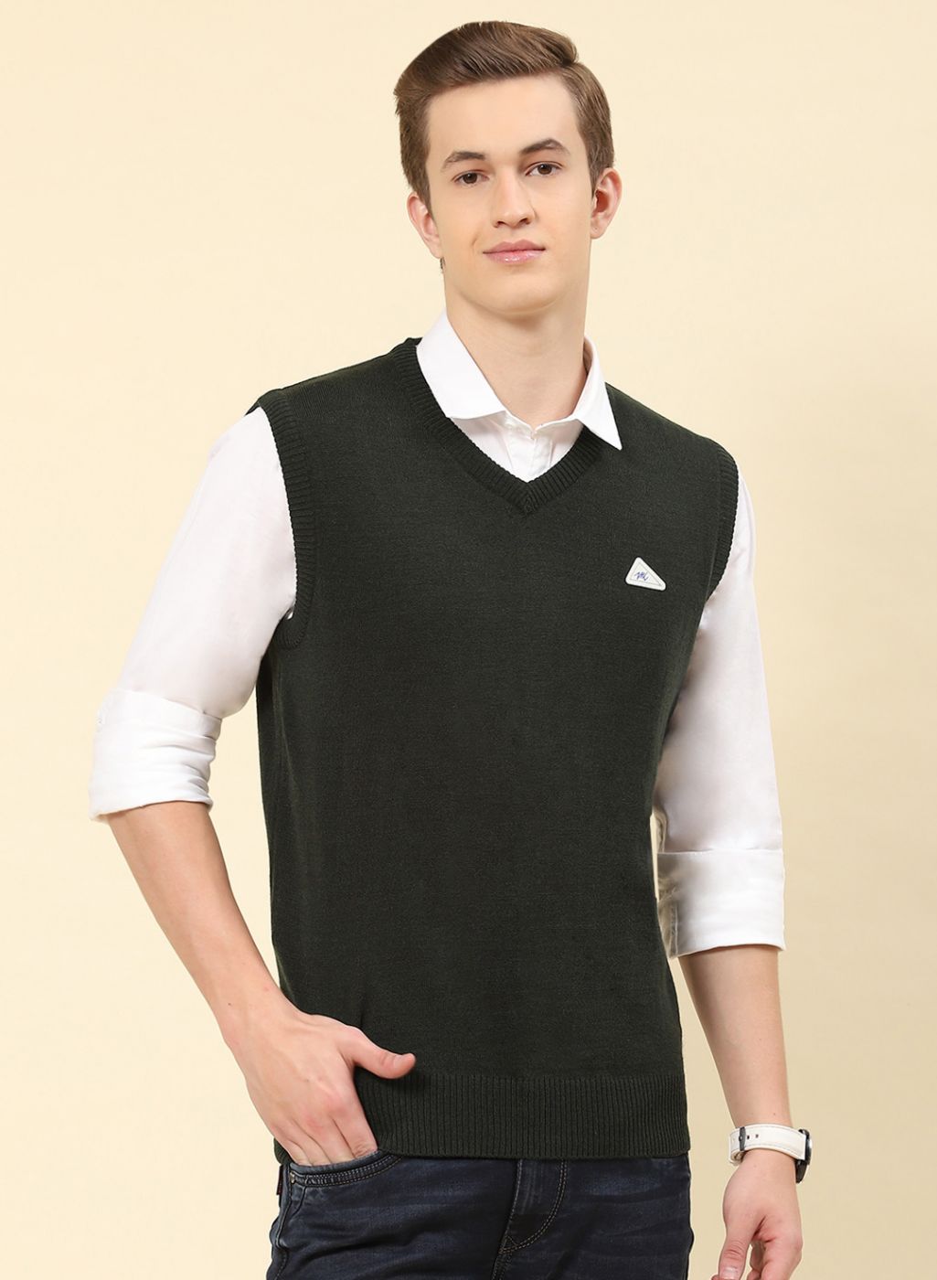 Men Olive Solid Blend wool Sweater