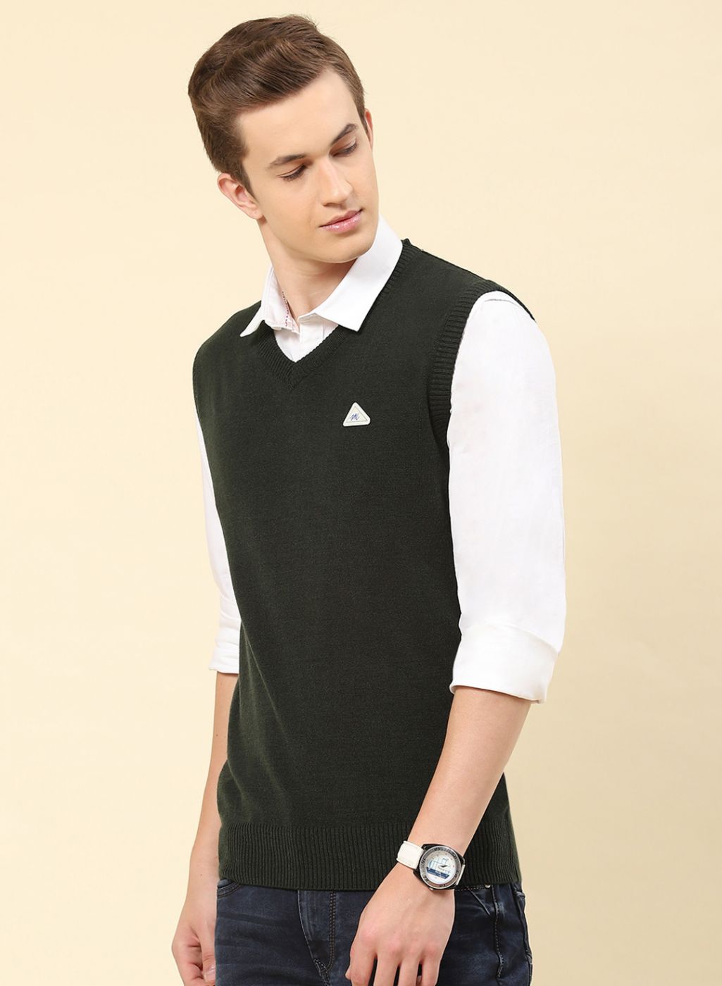 Men Olive Solid Blend wool Sweater