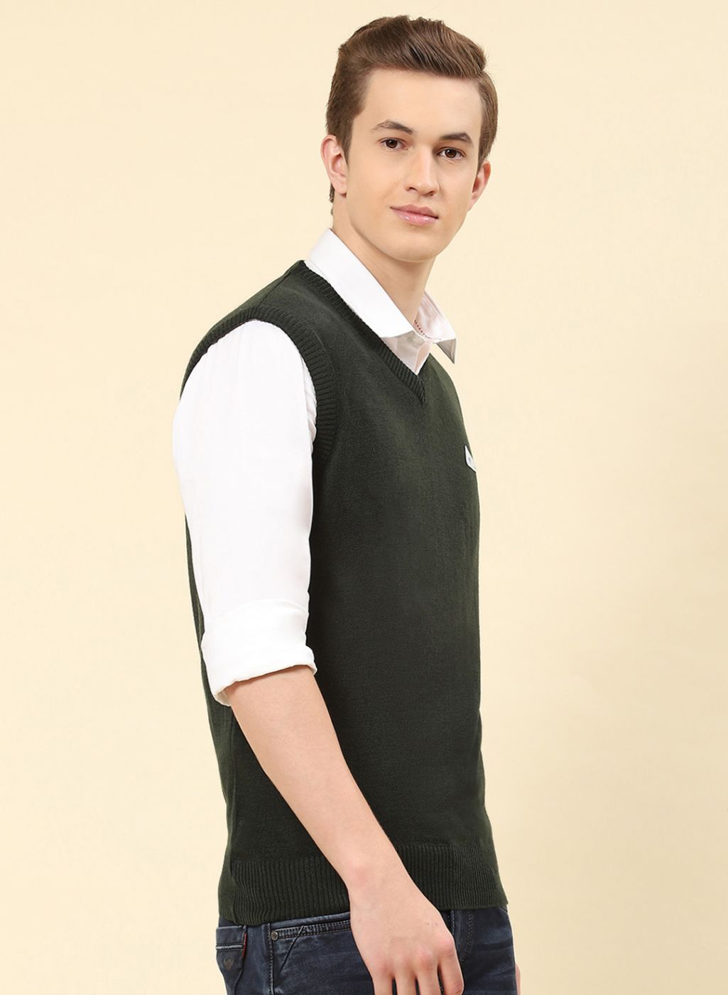 Men Olive Solid Blend wool Sweater