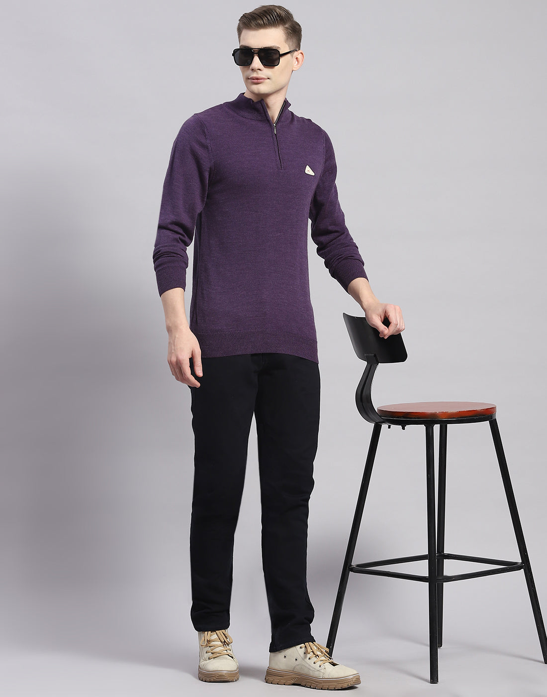 Men Purple Solid H Neck Full Sleeve Pullover