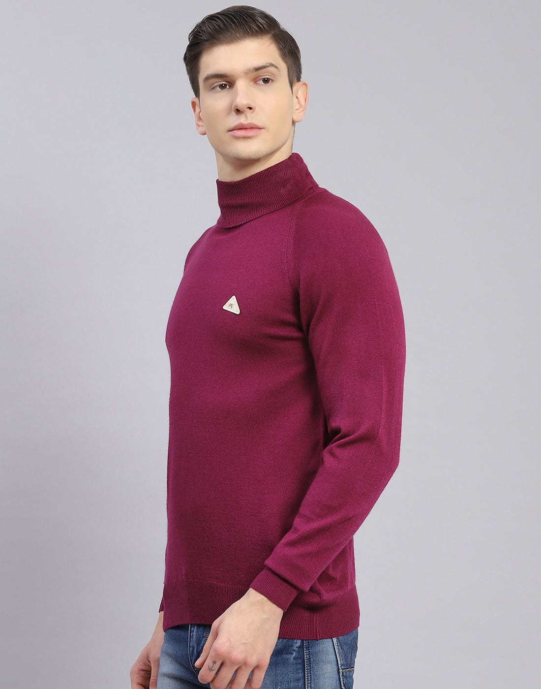 Men Purple Solid H Neck Full Sleeve Sweater
