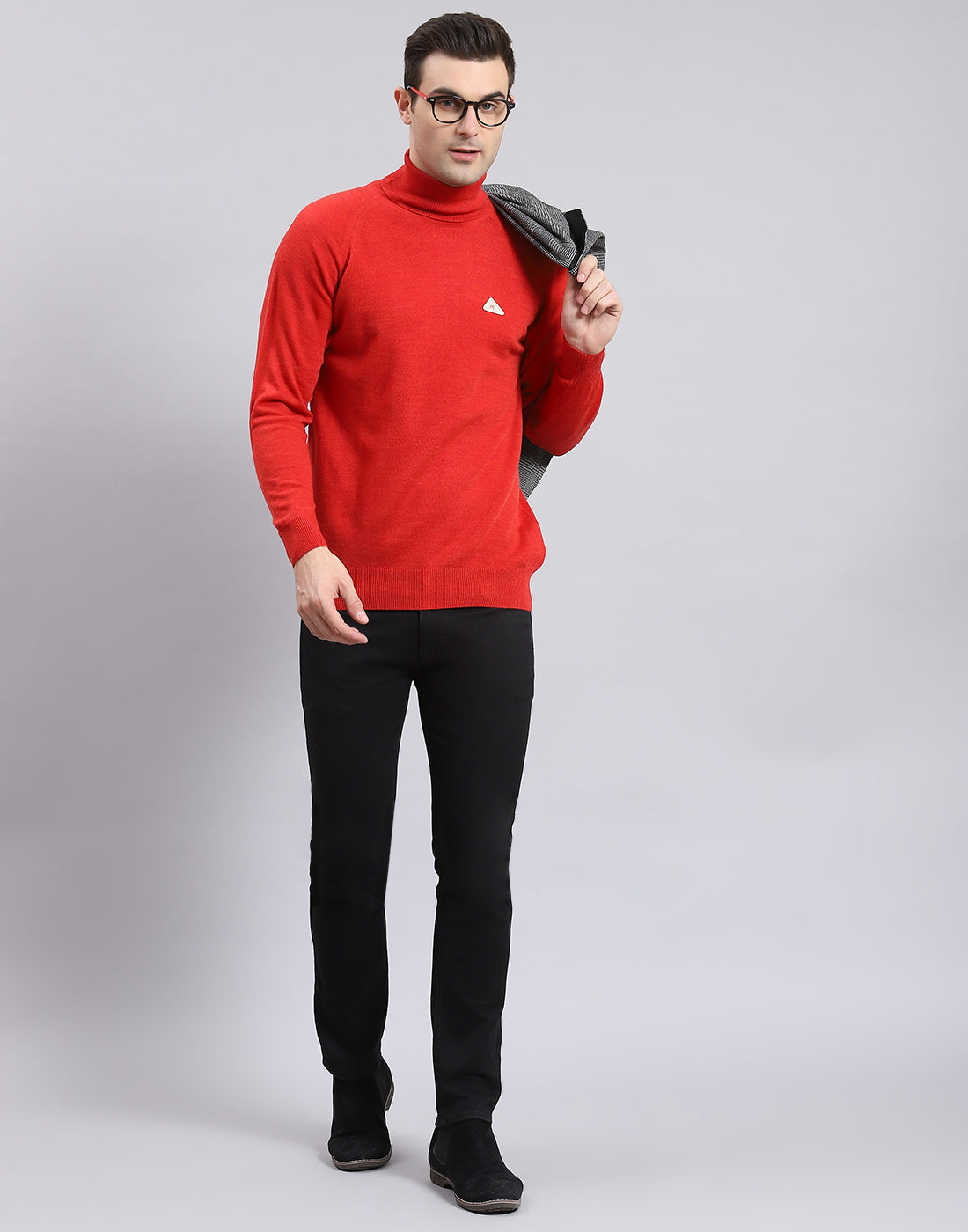 Men Red Solid H Neck Full Sleeve Sweater