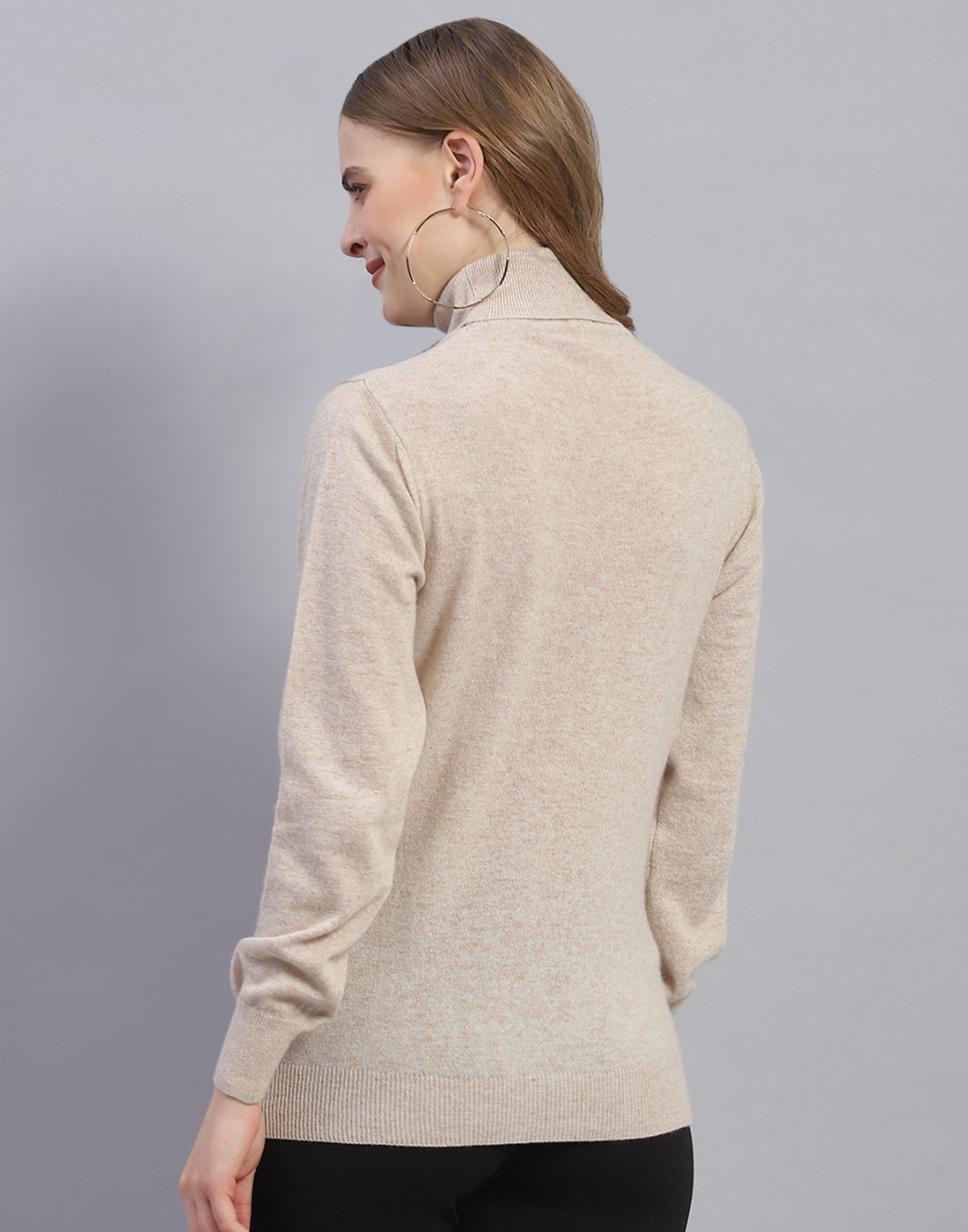 Women Beige Solid H Neck Full Sleeve Sweater
