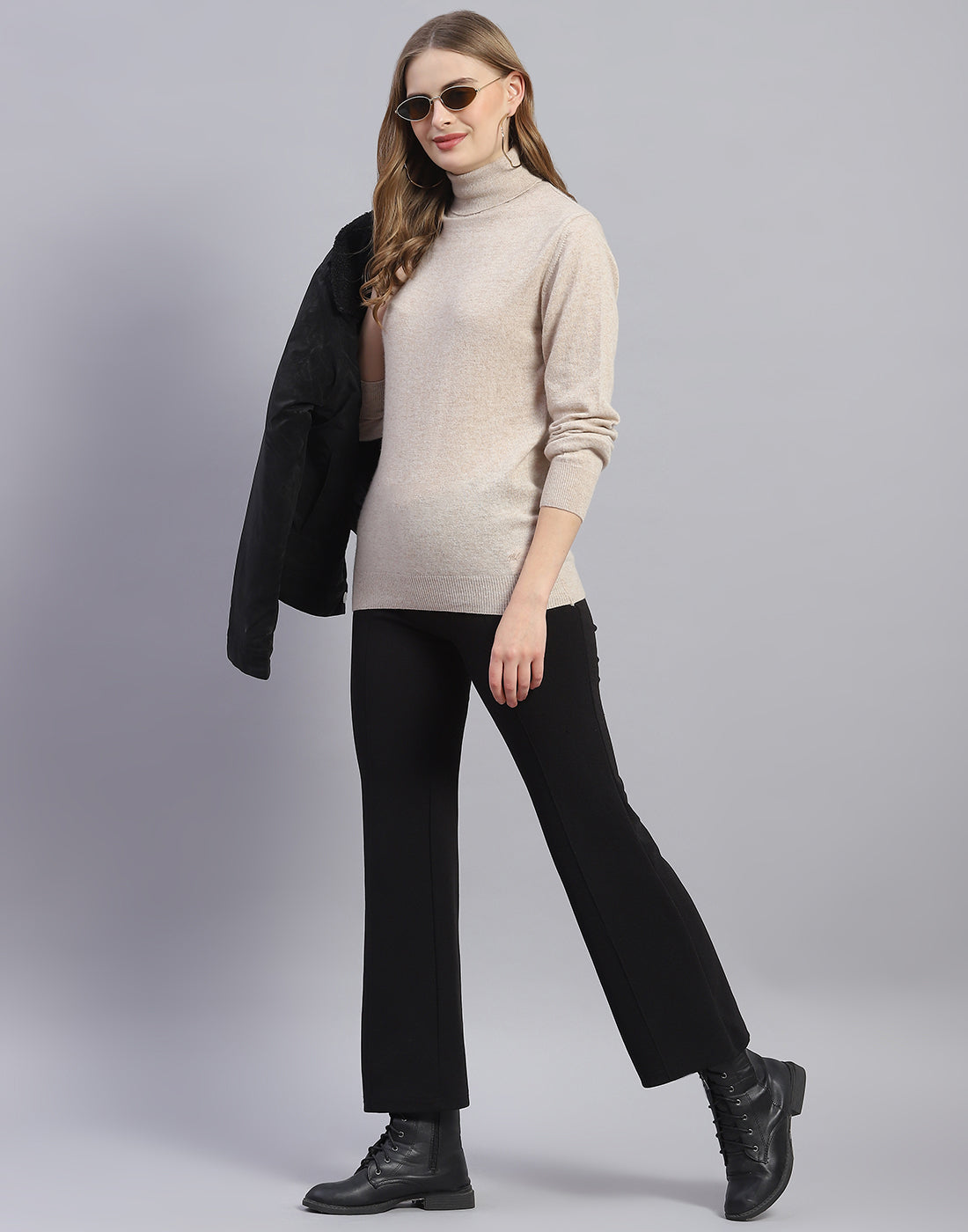 Women Beige Solid H Neck Full Sleeve Sweater