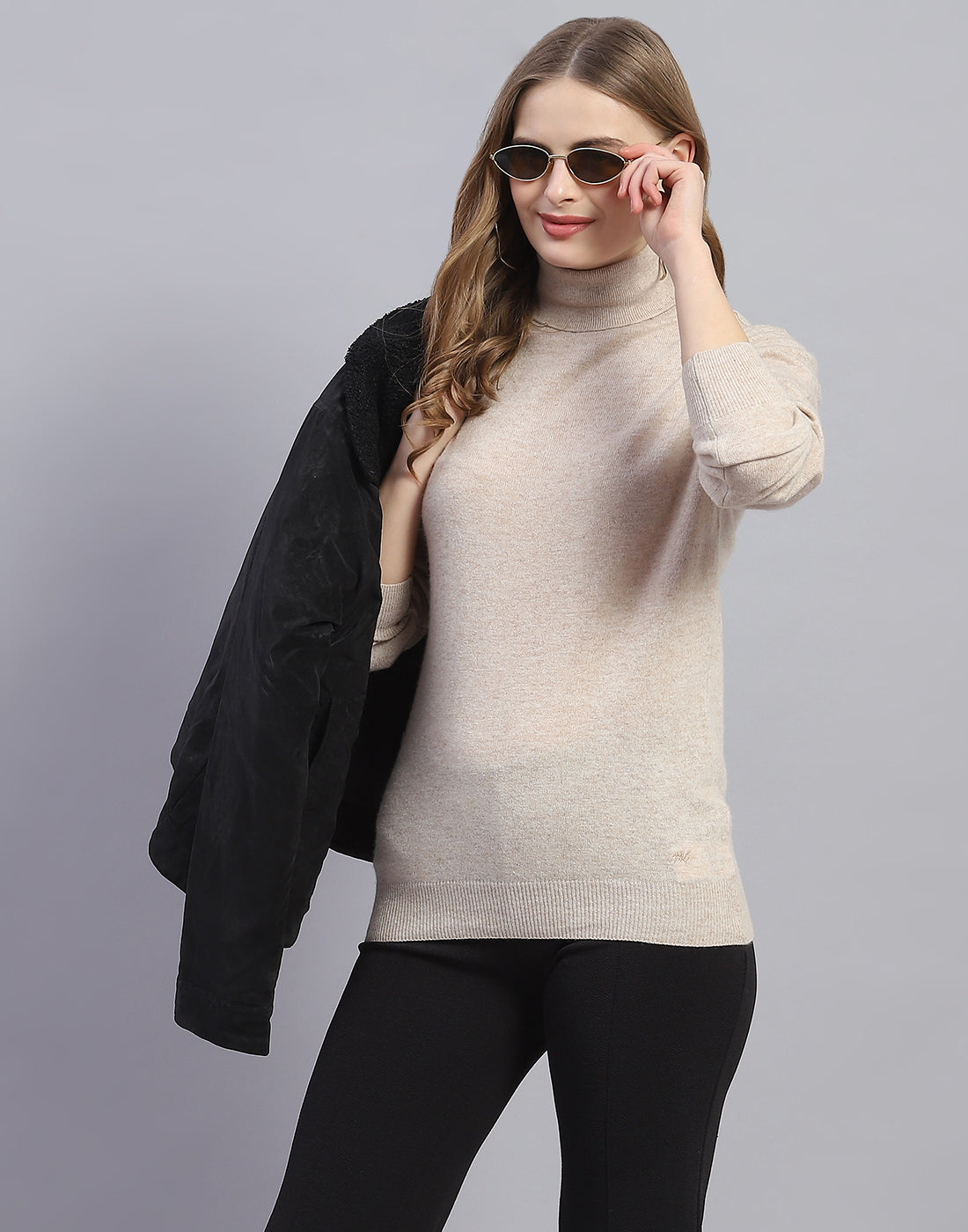Women Beige Solid H Neck Full Sleeve Sweater