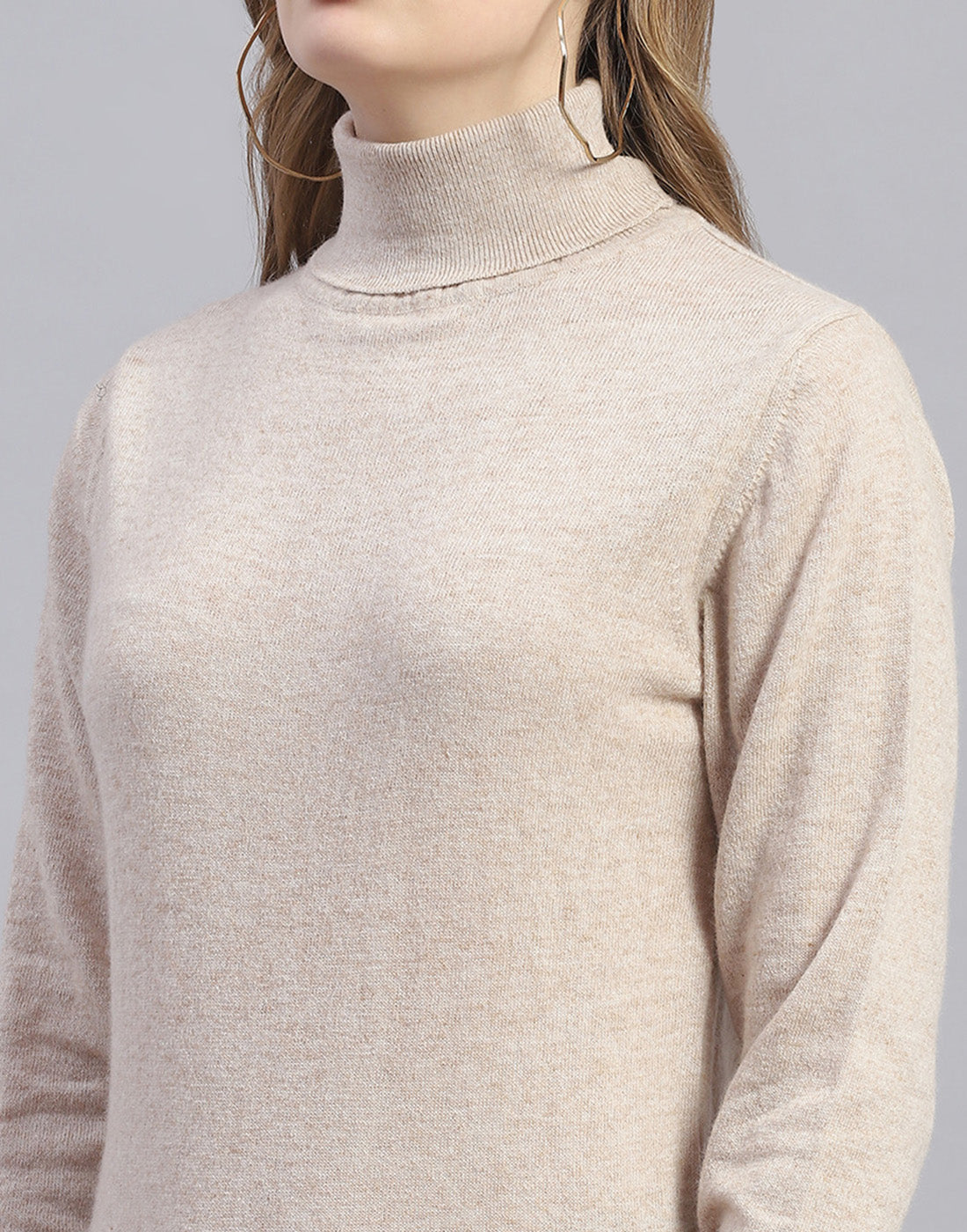 Women Beige Solid H Neck Full Sleeve Sweater