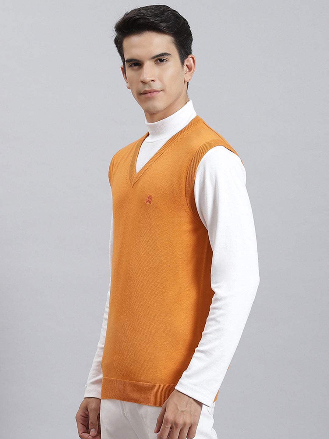Men Orange Solid V Neck Sleeveless Sweaters/Pullovers