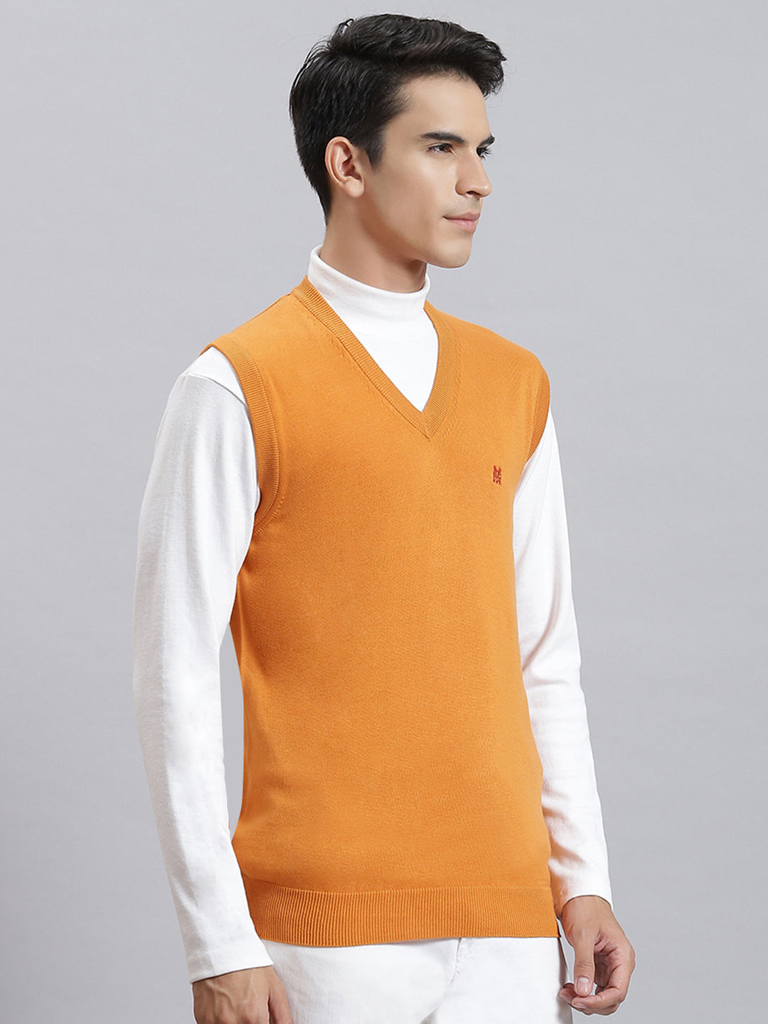 Men Orange Solid V Neck Sleeveless Sweaters/Pullovers