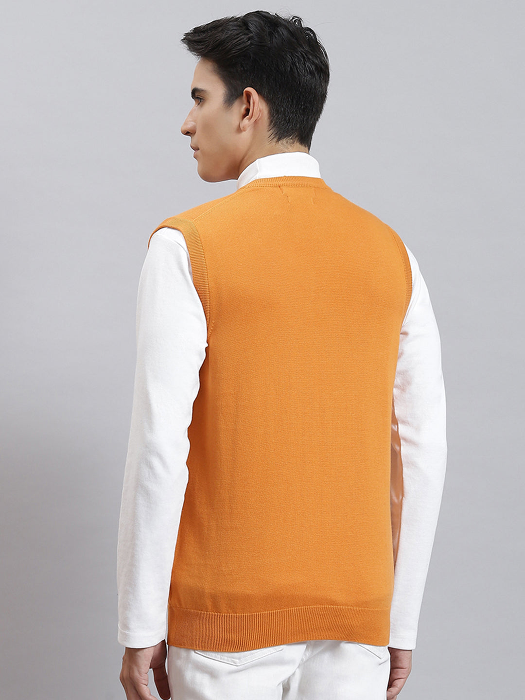 Men Orange Solid V Neck Sleeveless Sweaters/Pullovers