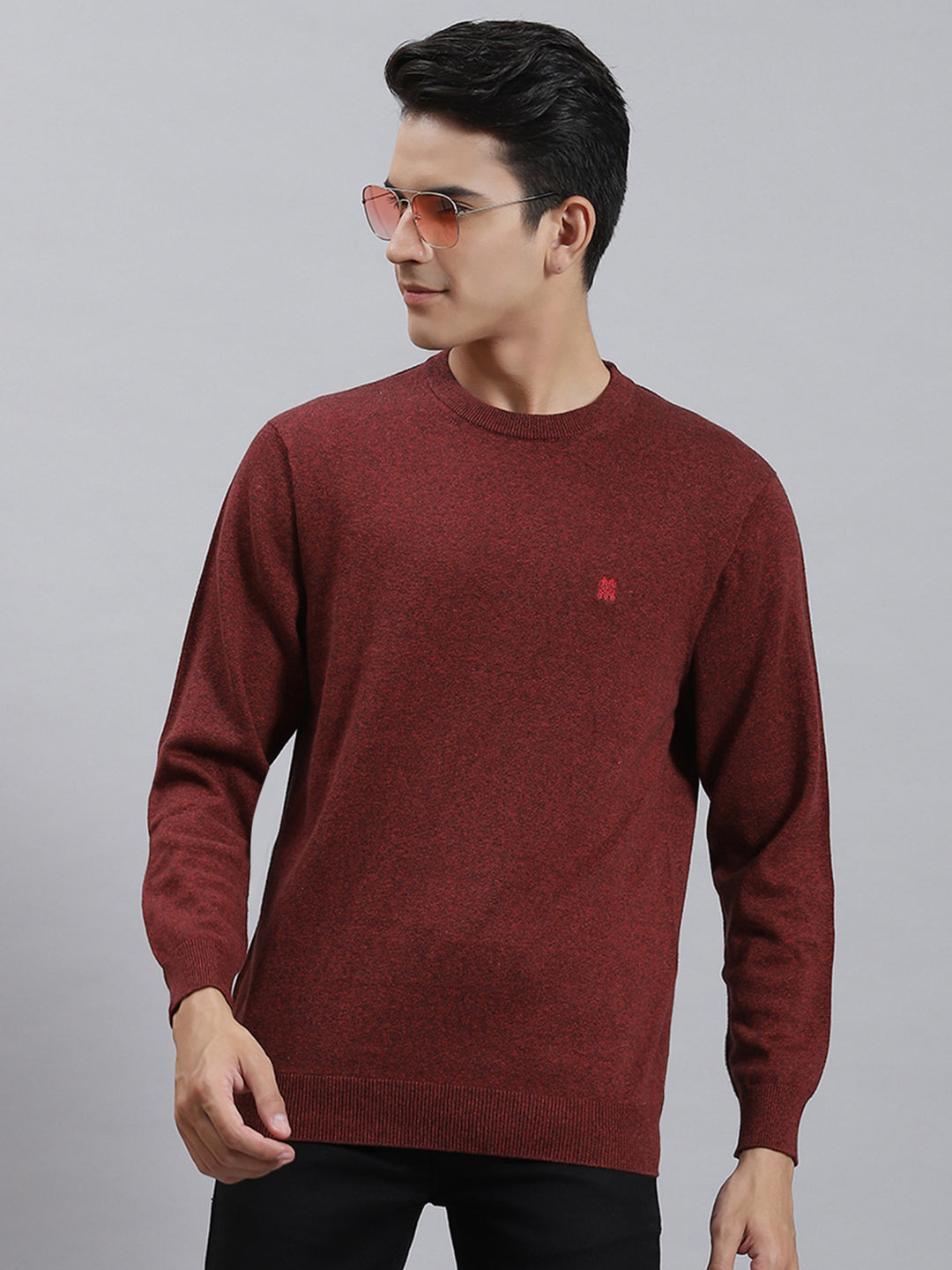 Men Maroon Solid Round Neck Full Sleeve Sweaters/Pullovers