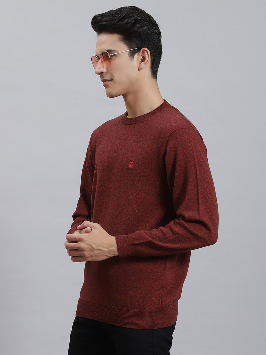 Men Maroon Solid Round Neck Full Sleeve Sweaters/Pullovers