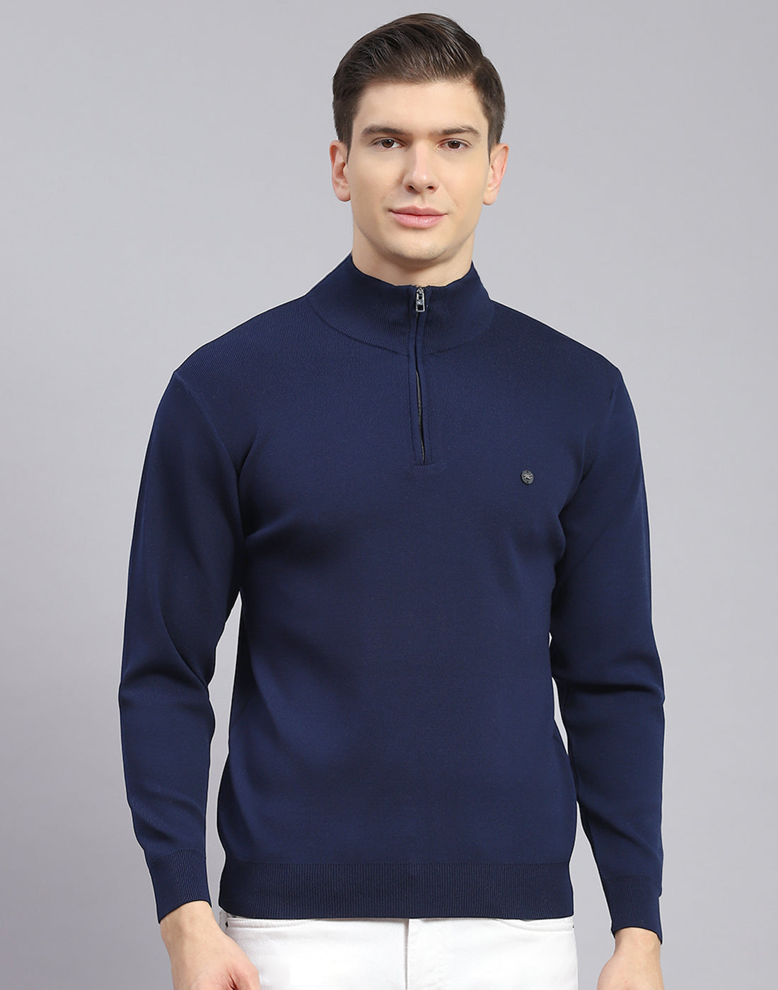 Men Navy Blue Solid H Neck Full Sleeve Sweater