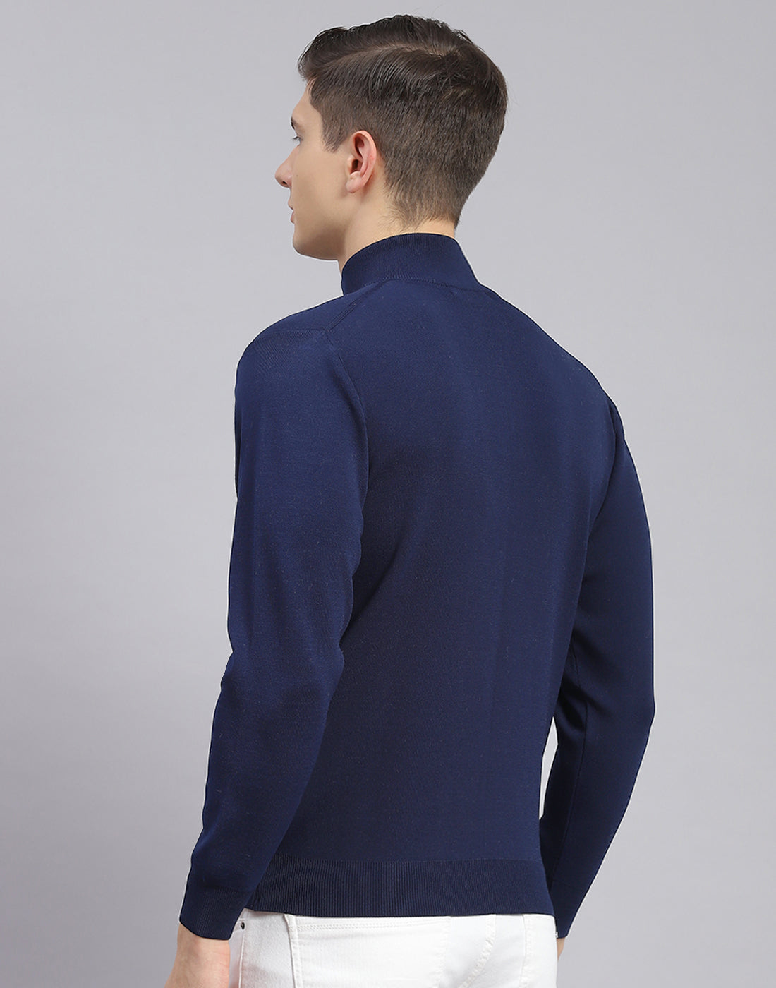 Men Navy Blue Solid H Neck Full Sleeve Sweater