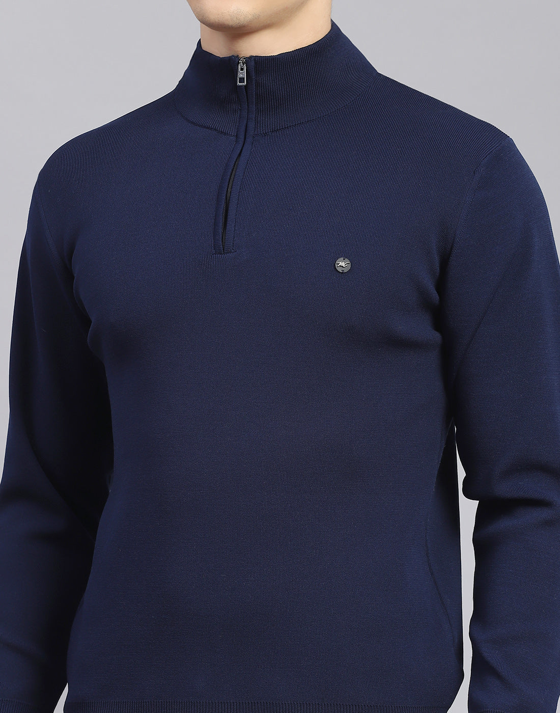 Men Navy Blue Solid H Neck Full Sleeve Sweater