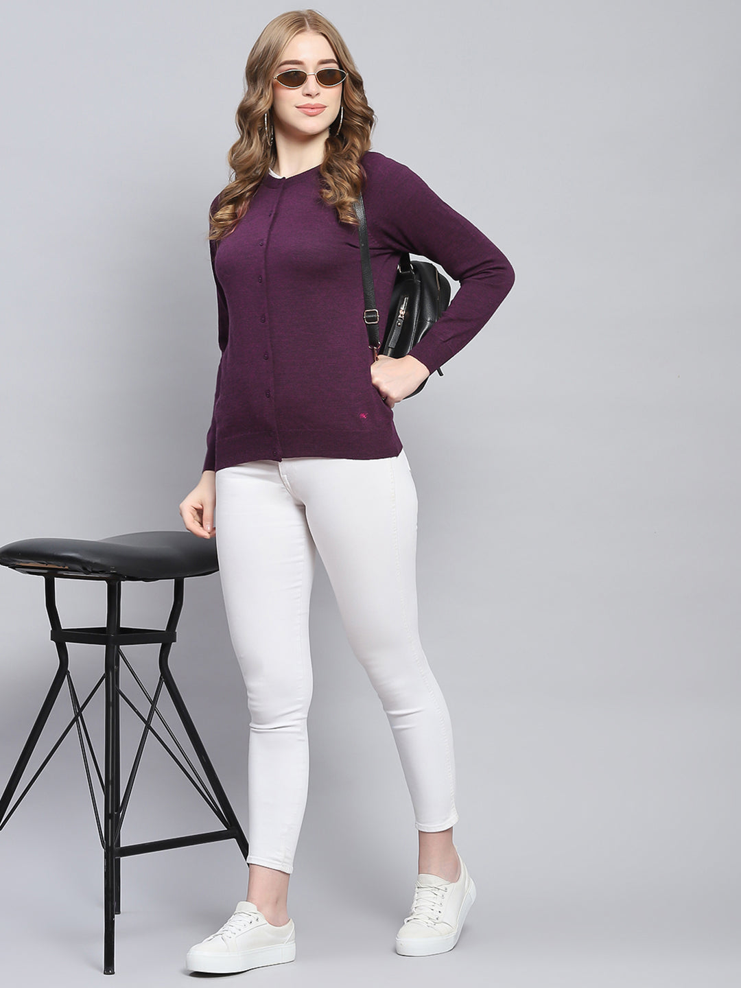 Women Purple Solid Round Neck Full Sleeve Cardigans