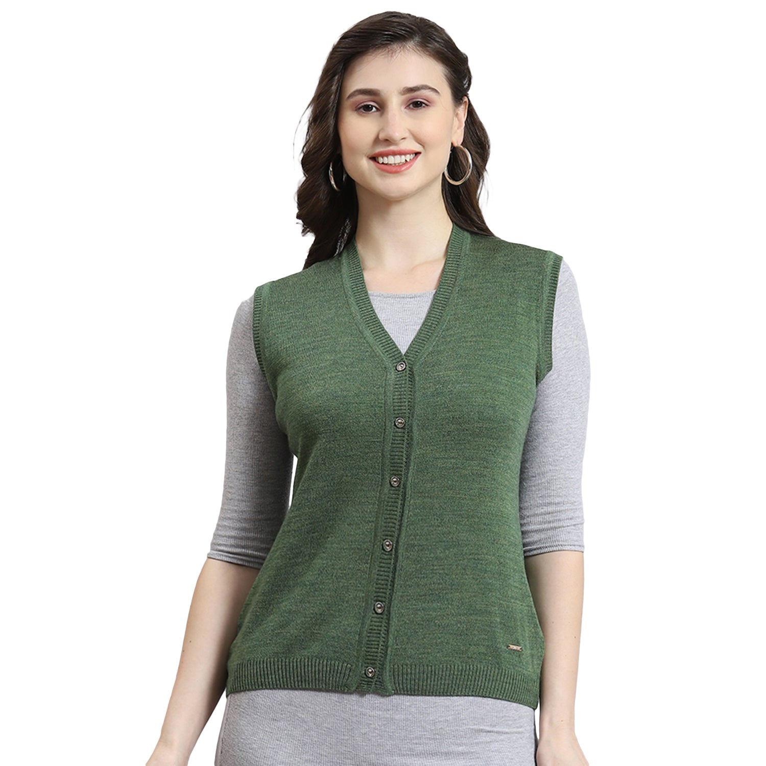 Women Green Solid V Neck Sleeveless Cardigan