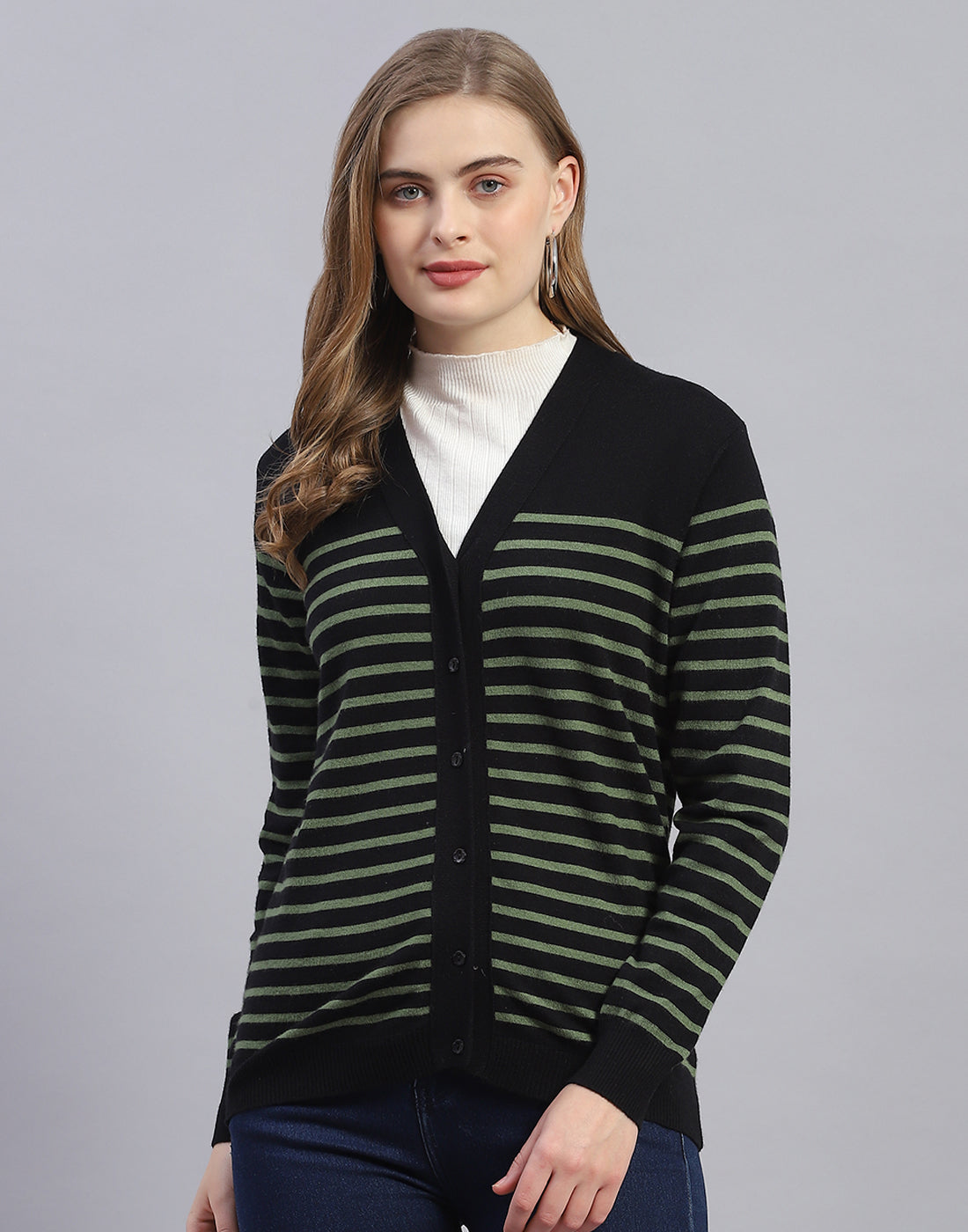 Women Black Stripe V Neck Full Sleeve Cardigan