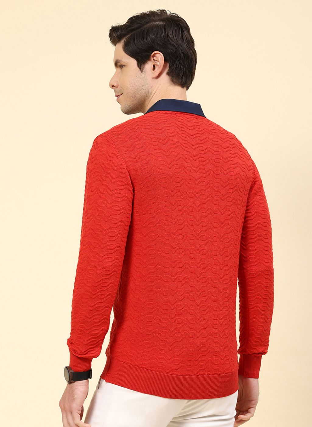 Men Red Self Design Pure wool Pullover