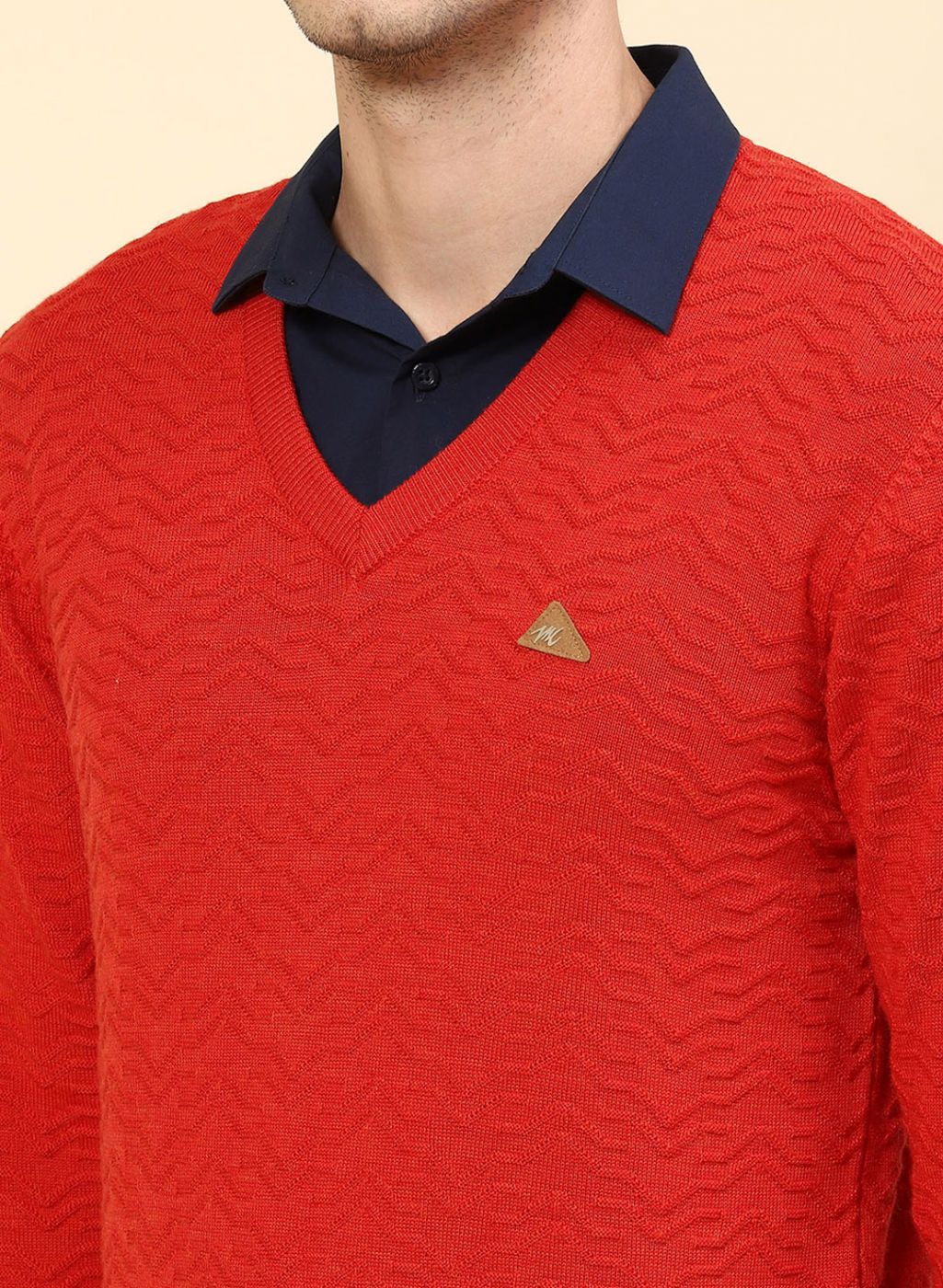 Men Red Self Design Pure wool Pullover
