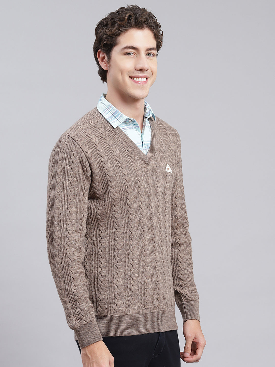 Men Brown Self Design Wool blend Pullover