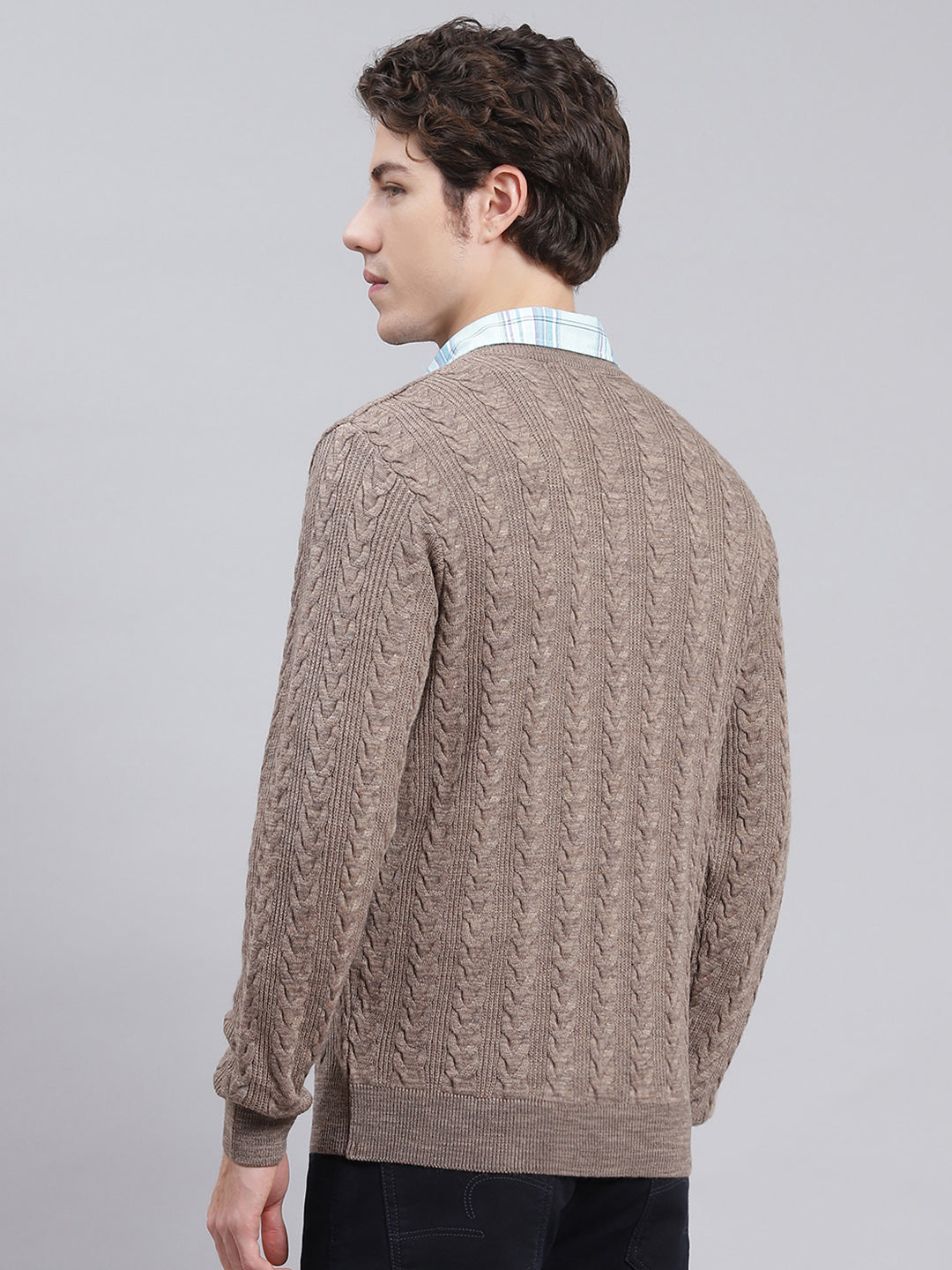Men Brown Self Design Wool blend Pullover