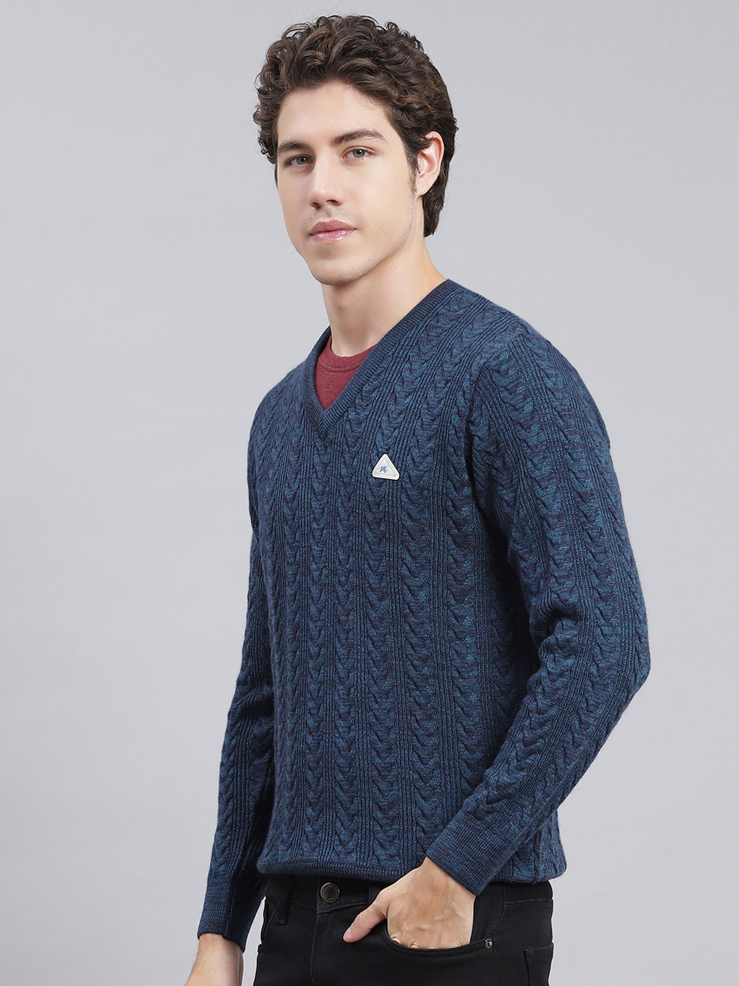Men Blue Self Design Wool blend Pullover