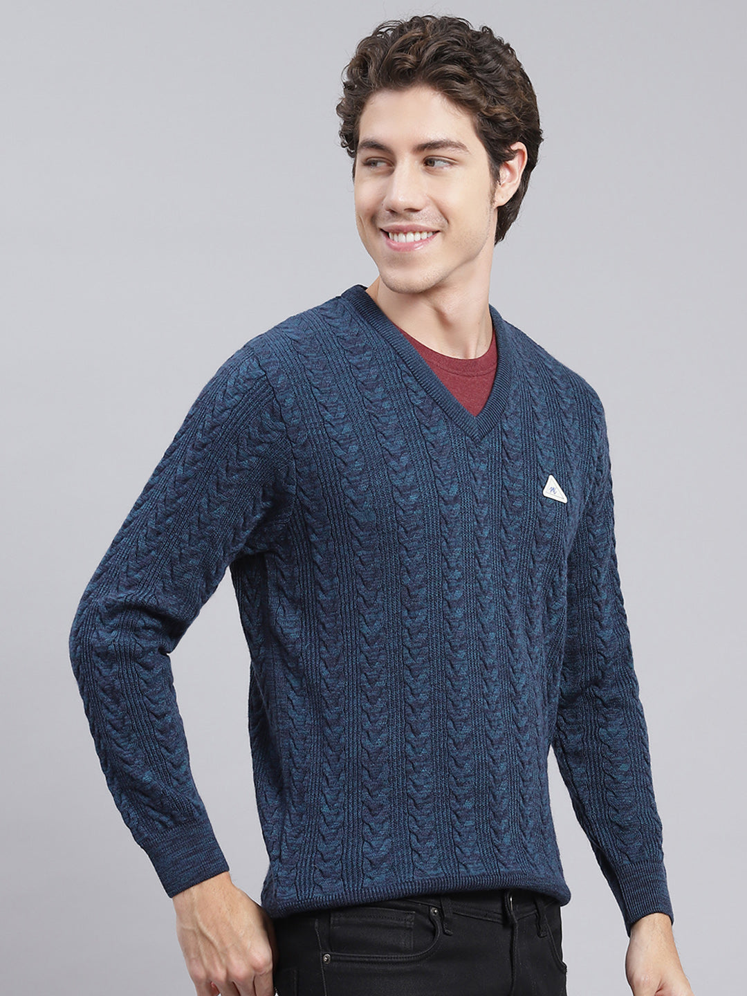 Men Blue Self Design Wool blend Pullover