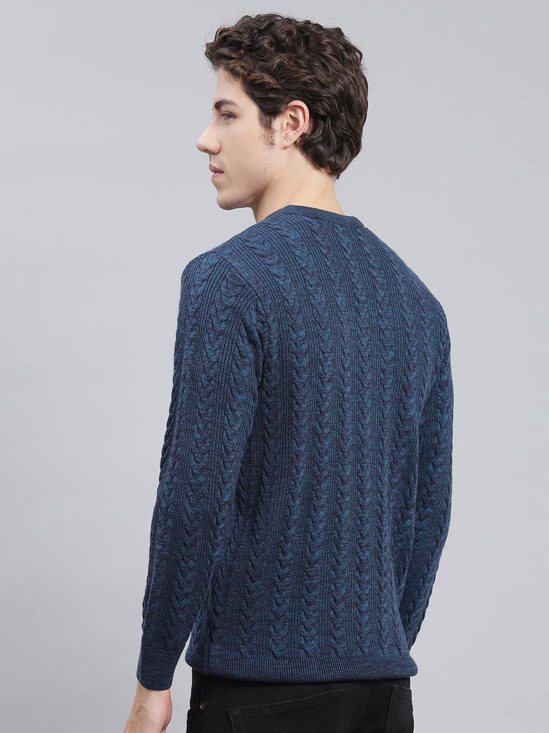 Men Blue Self Design Wool blend Pullover