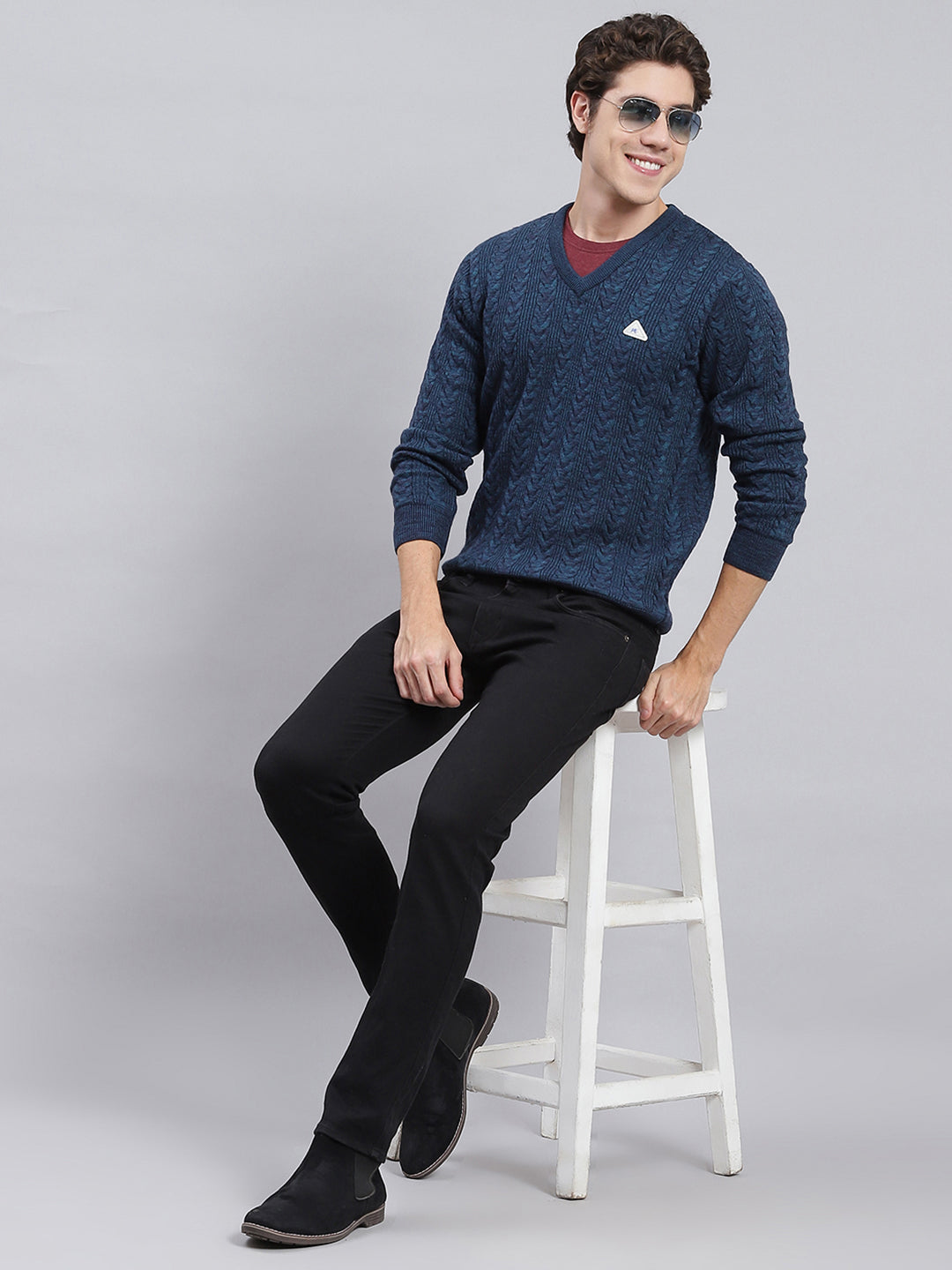 Men Blue Self Design Wool blend Pullover