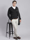 Men Black Self Design V Neck Full Sleeve Sweaters/Pullovers
