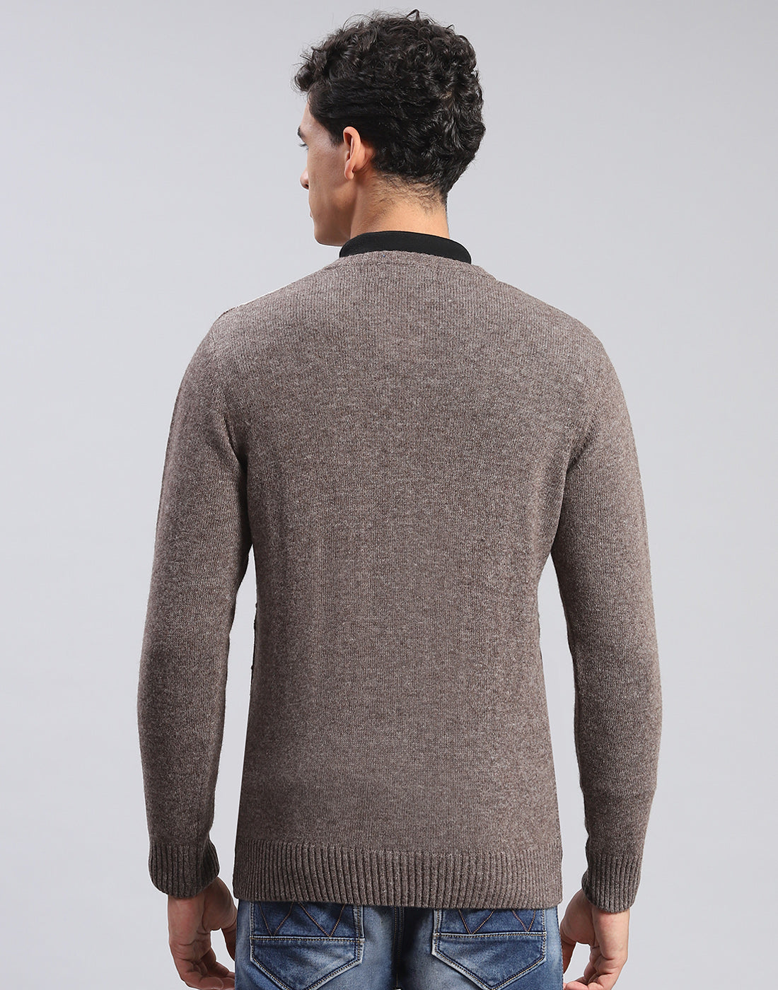 Men Brown Self Design V Neck Full Sleeve Pullover