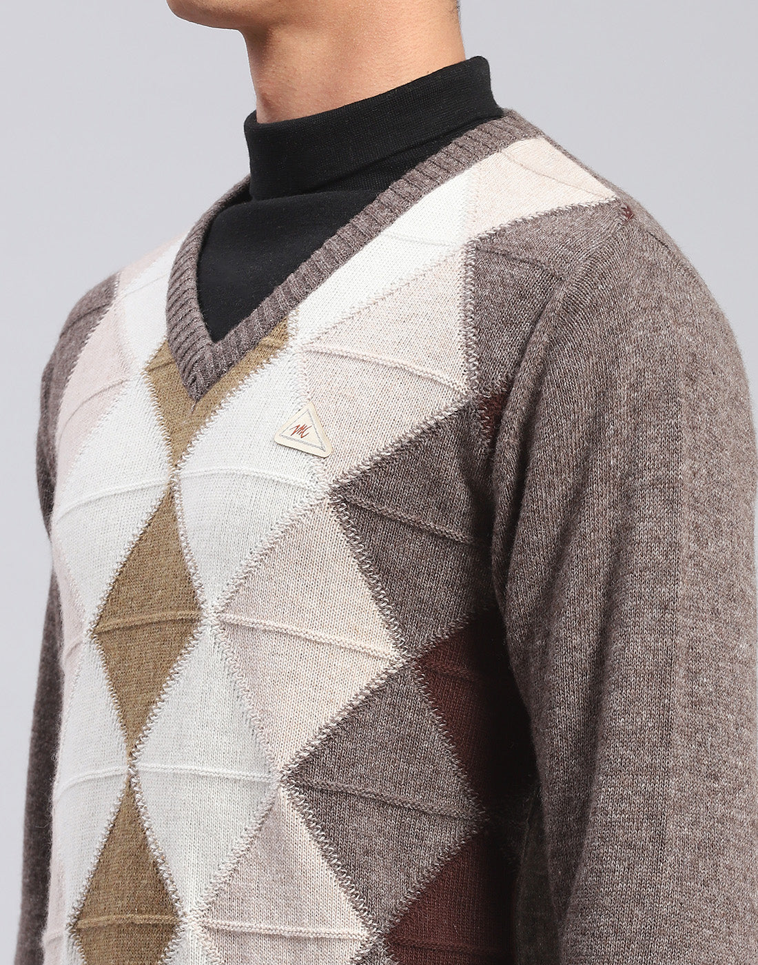 Men Brown Self Design V Neck Full Sleeve Pullover