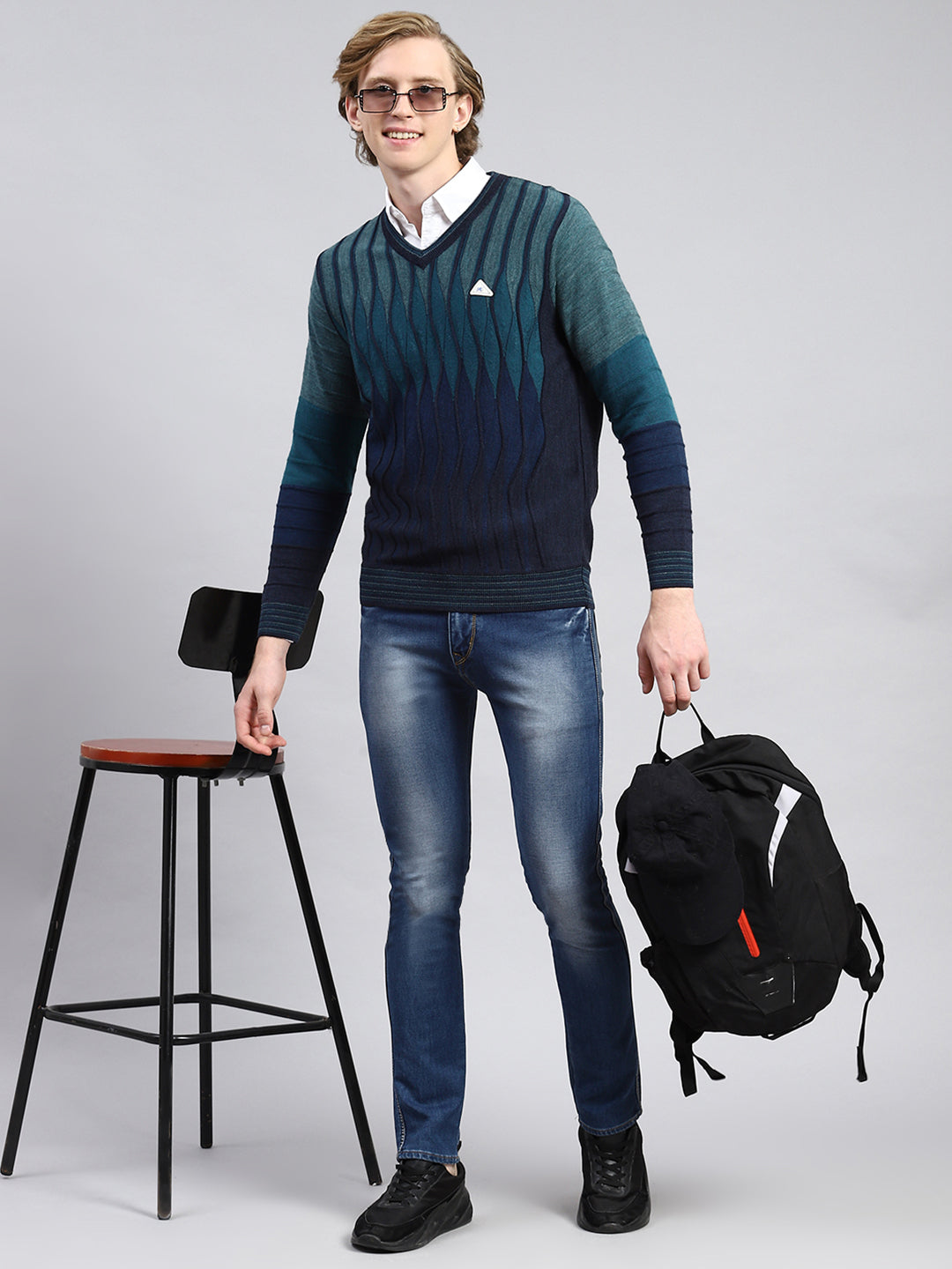 Men Navy Blue Printed Pullover