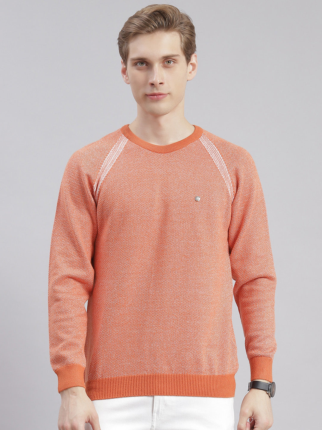 Men Rust Solid Round Neck Full Sleeve Sweaters/Pullovers