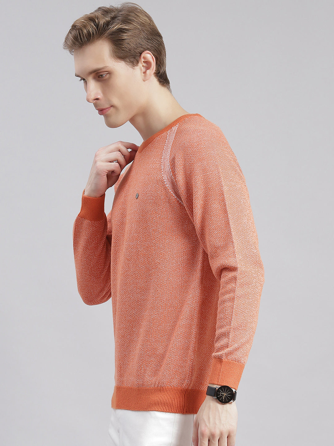 Men Rust Solid Round Neck Full Sleeve Sweaters/Pullovers