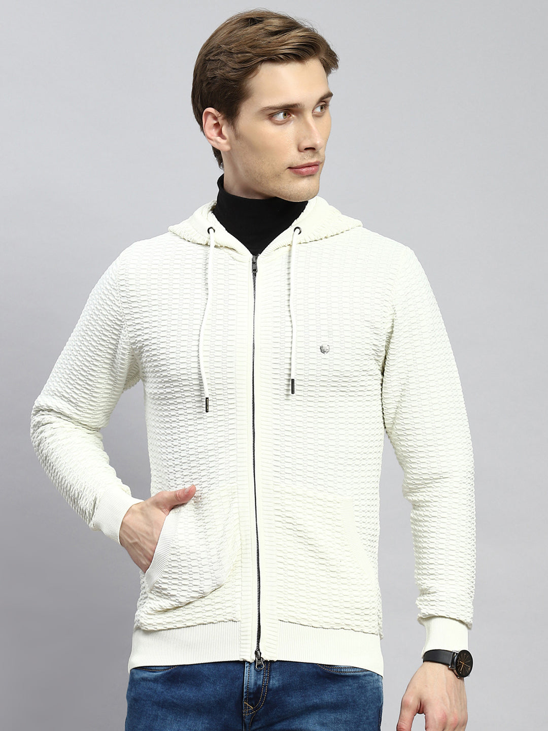 Men Off White Self Pullover