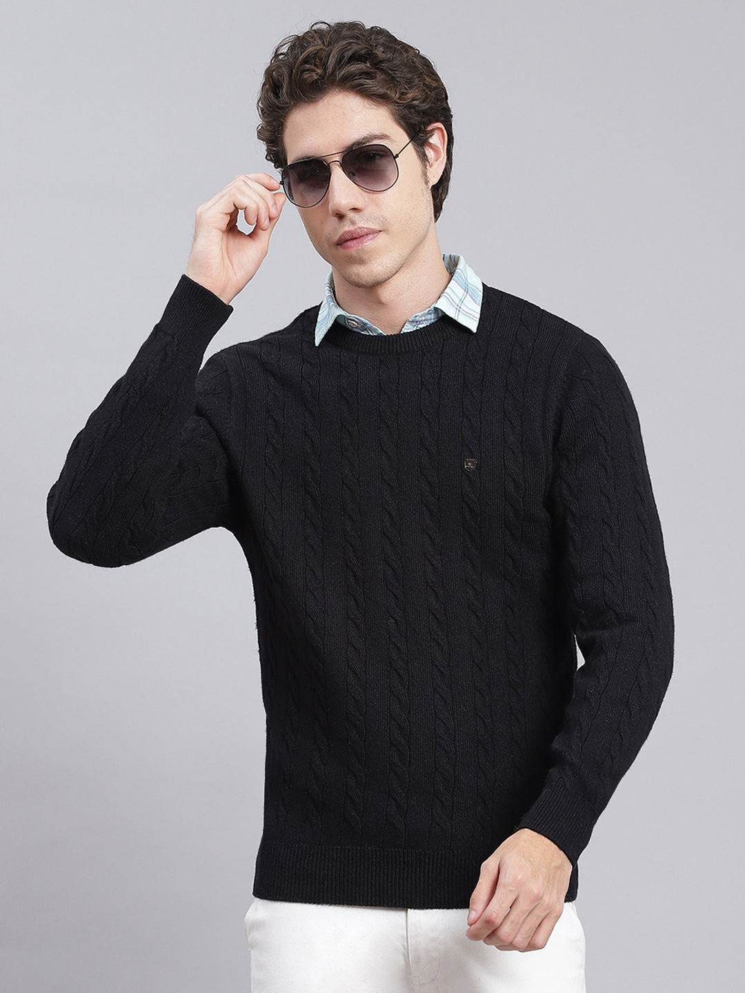 Men Black Self Design Wool blend Pullover