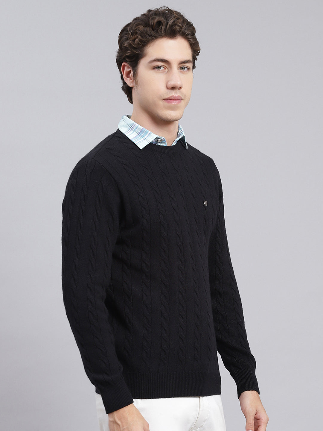 Men Black Self Design Wool blend Pullover