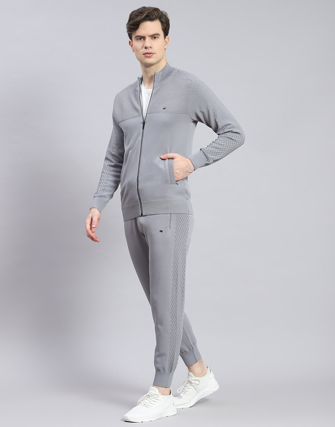 Men Grey Self Design Stand Collar Full Sleeve Tracksuit