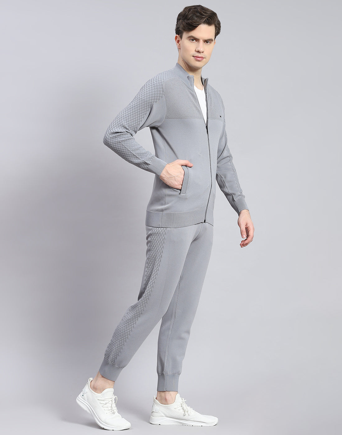 Men Grey Self Design Stand Collar Full Sleeve Tracksuit