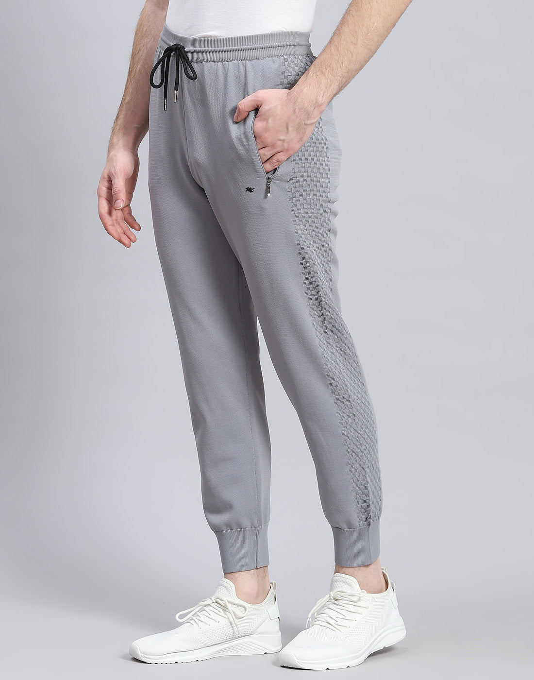 Men Grey Self Design Stand Collar Full Sleeve Tracksuit