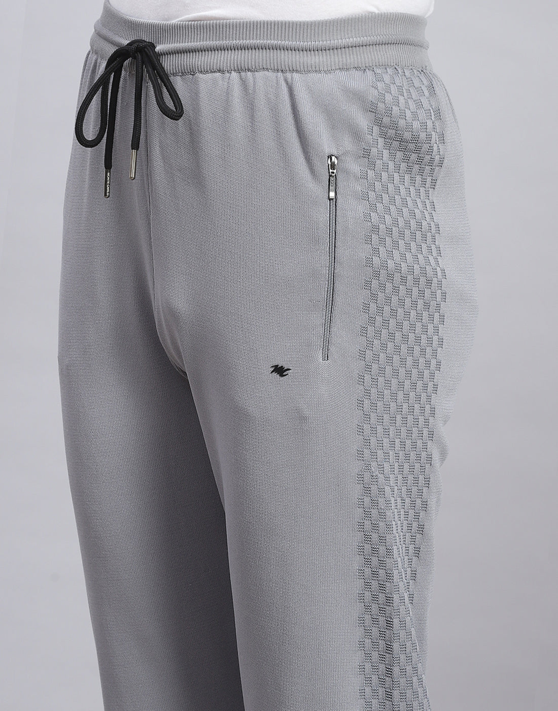 Men Grey Self Design Stand Collar Full Sleeve Tracksuit