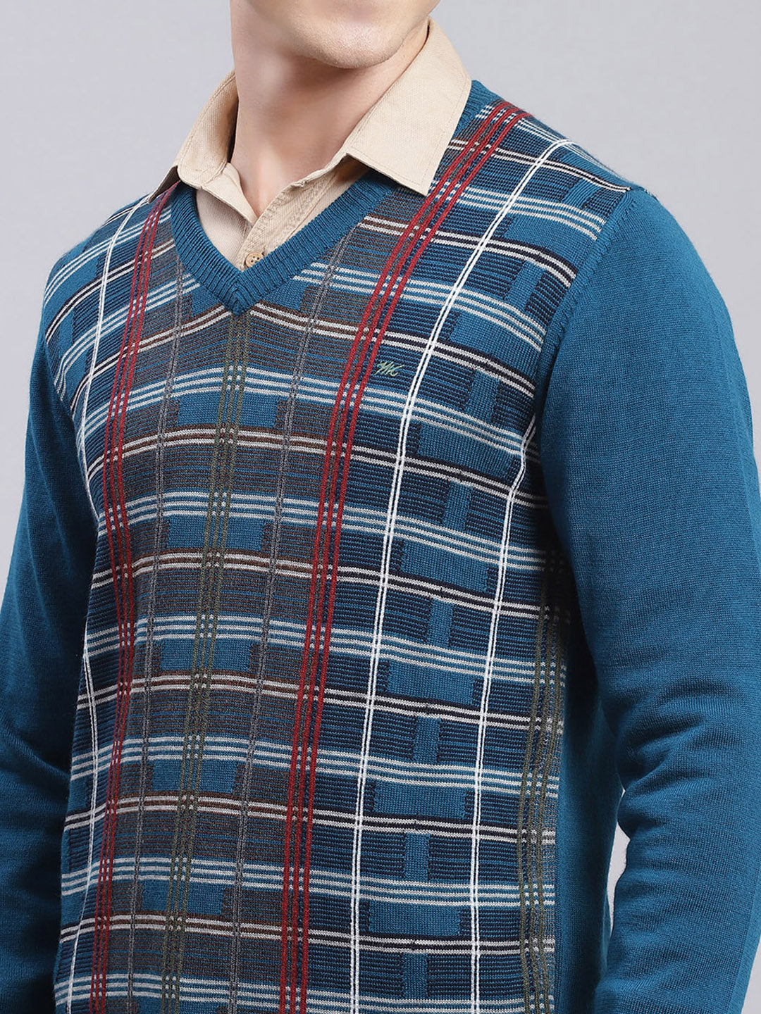 Men Teal Blue Printed Wool blend Pullover