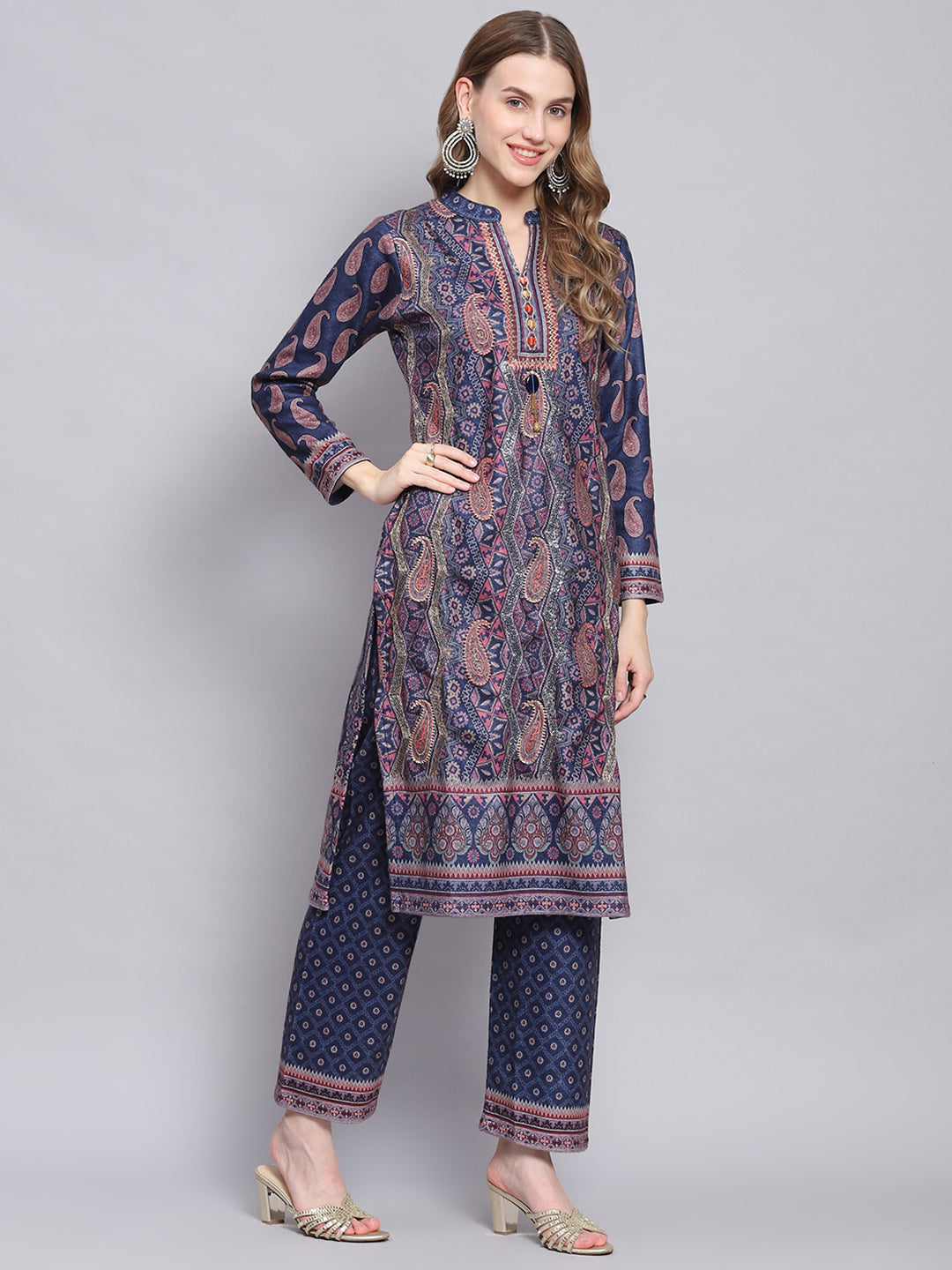 Women Blue Self Design Mandarin Collar Full Sleeve Kurtis Set