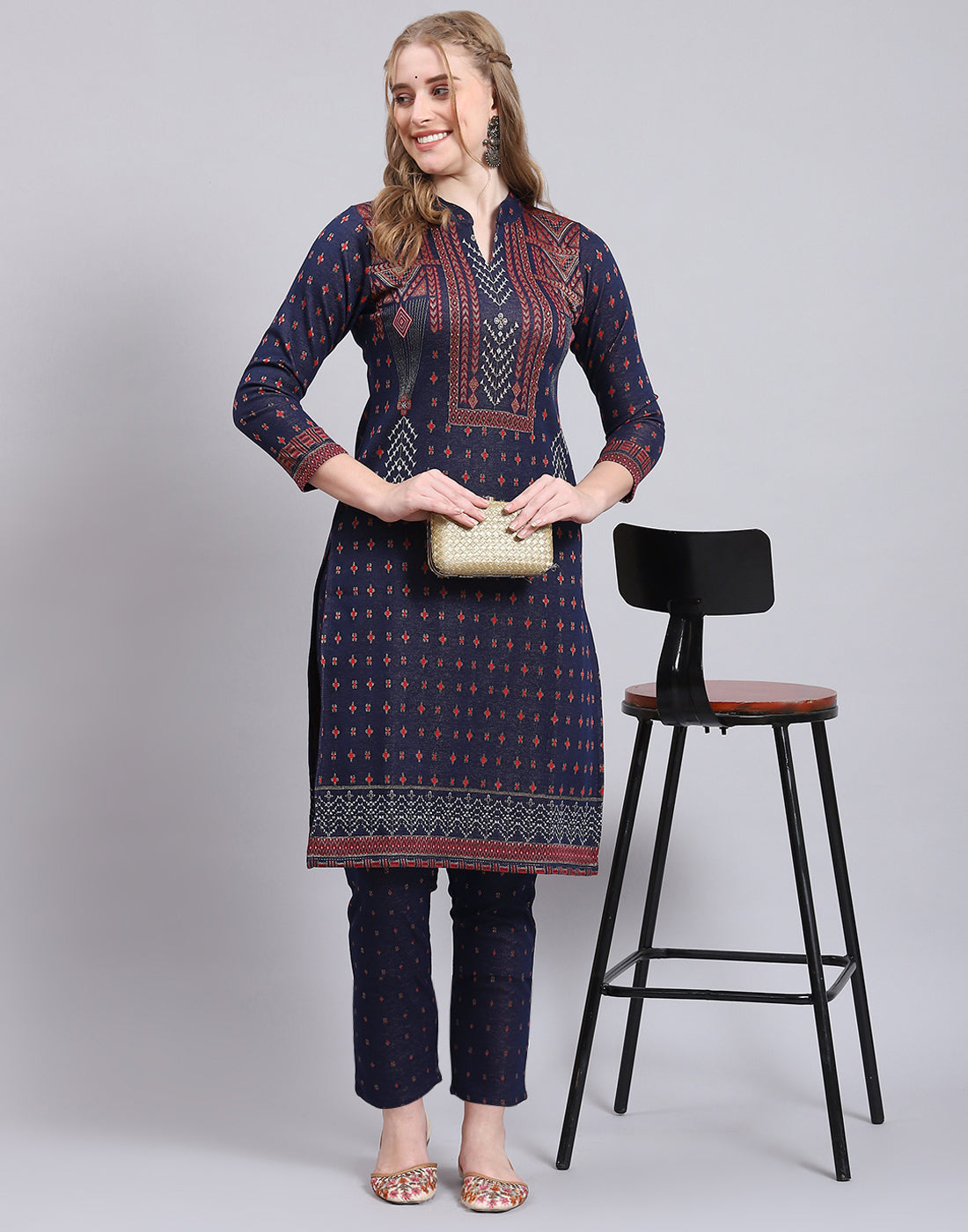 Women Navy Blue Printed Collar Full Sleeve Kurtis Set