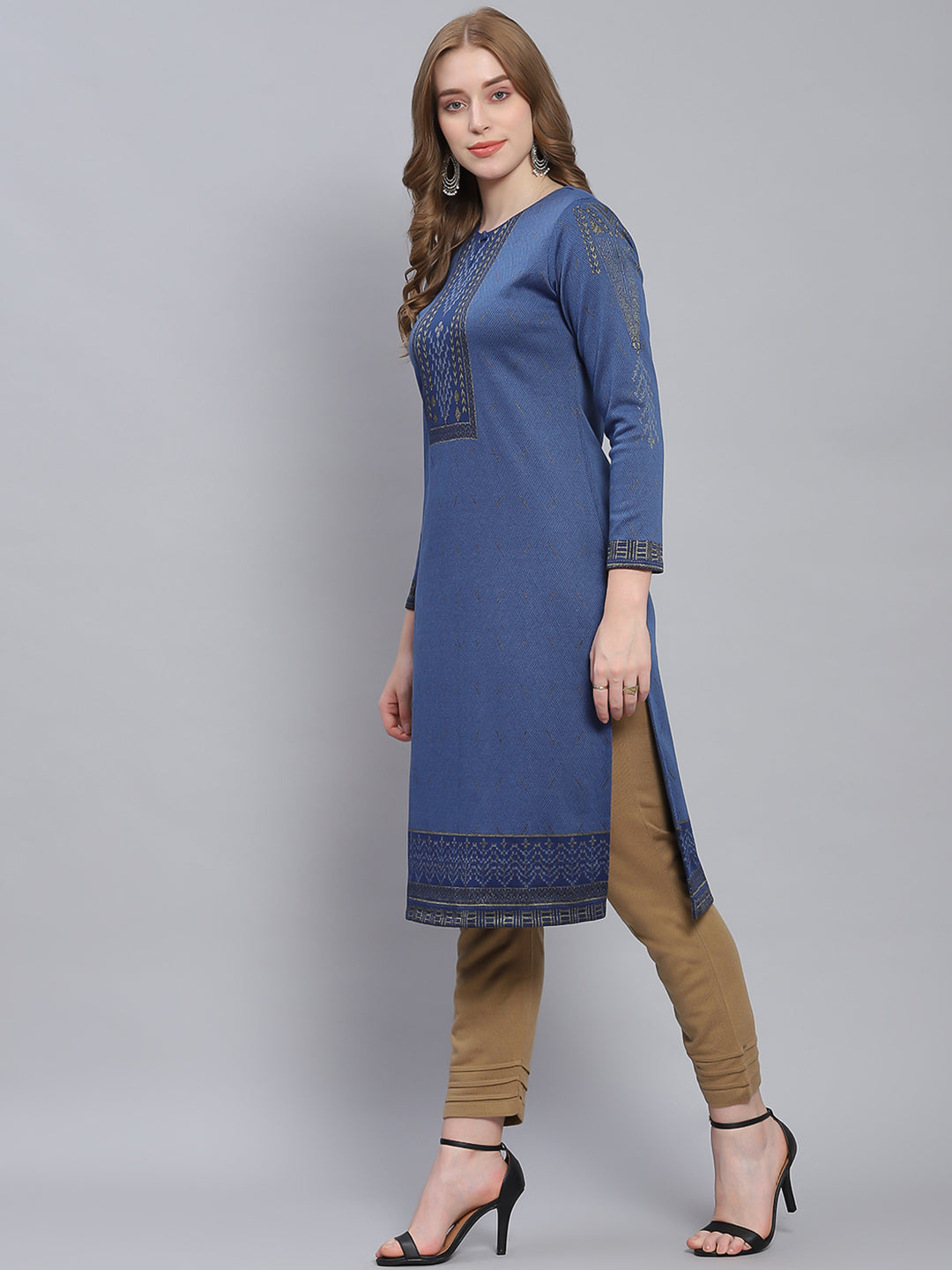 Women Blue Self Design Round Neck Full Sleeve Kurtis
