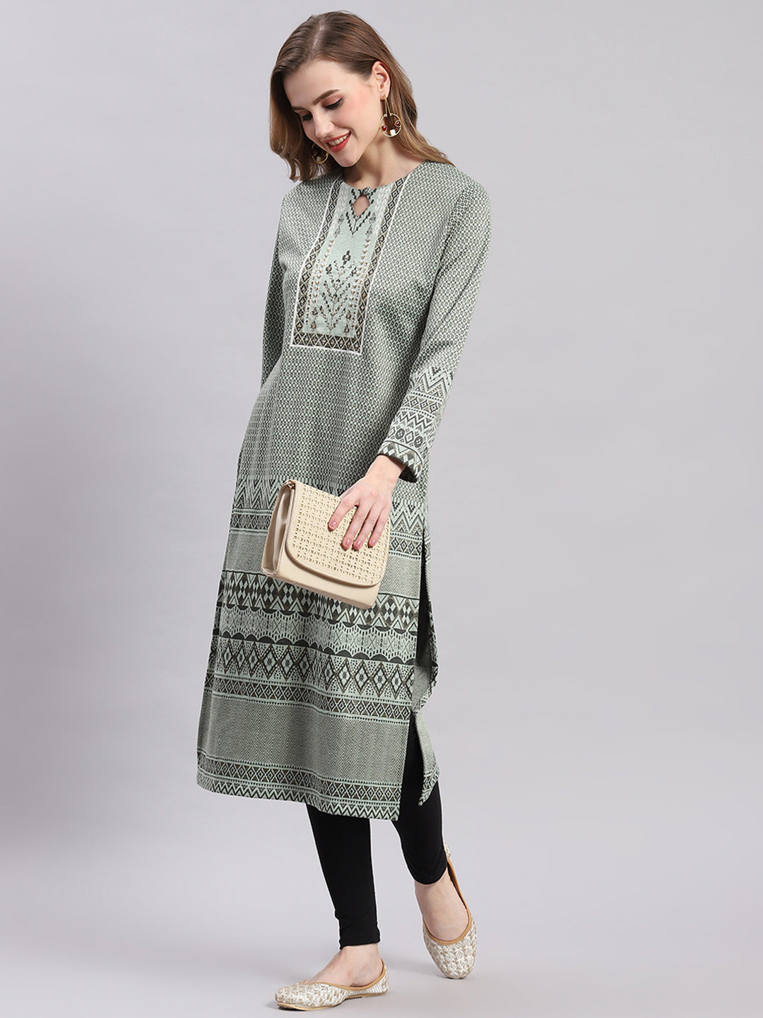 Women Green Printed Round Neck Full Sleeve Kurtis