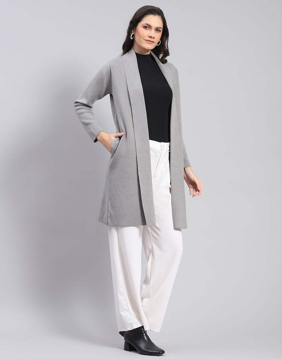 Women Grey Self Design Front Open Full Sleeve Cardigan
