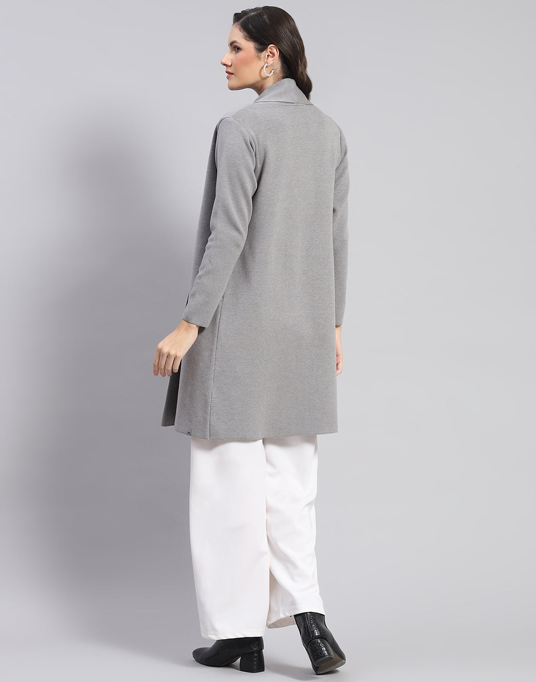 Women Grey Self Design Front Open Full Sleeve Cardigan